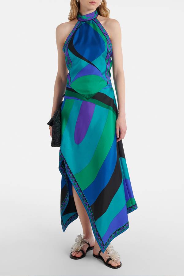 Satin Unique Print Halter Top and Irregular Midi Skirt Set