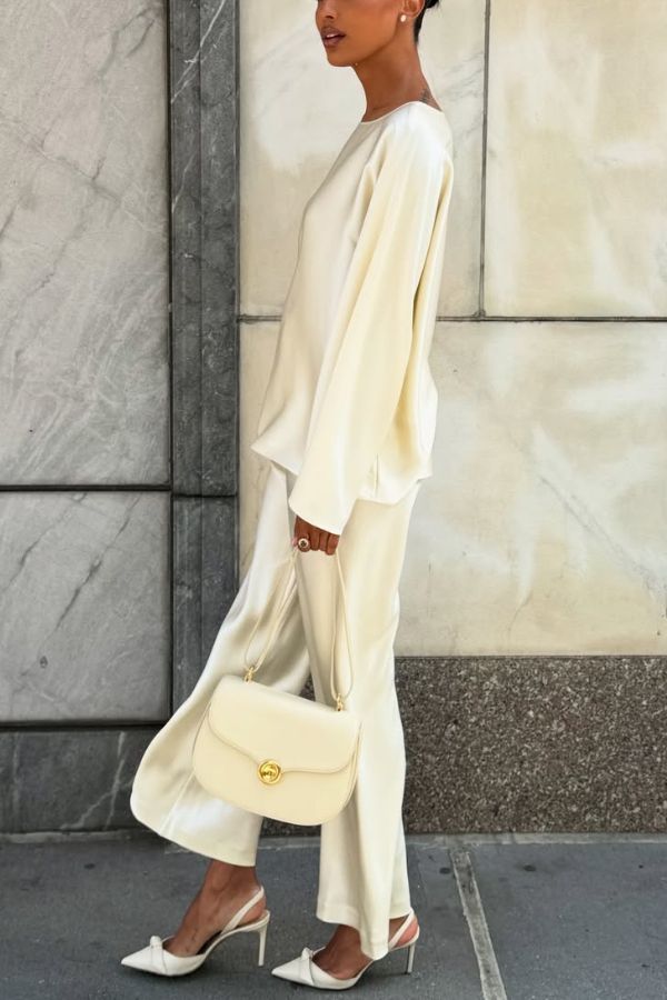 Silky and Elegant Satin Wide Neck Long Sleeve Loose Top and Elastic Waist Wide Leg Pants Set