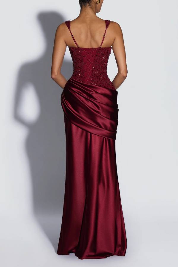 Alexandria Sequin Square Neck Back Lace-up Satin Drape Cowl Overlay Maxi Dress