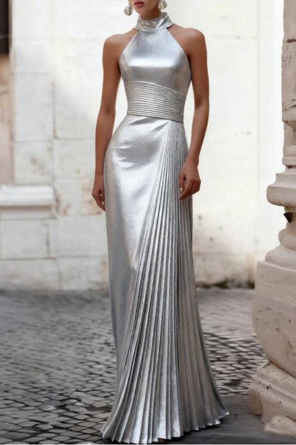 High Neck Halter Waist‑Cinched Pleated Long Evening Gown