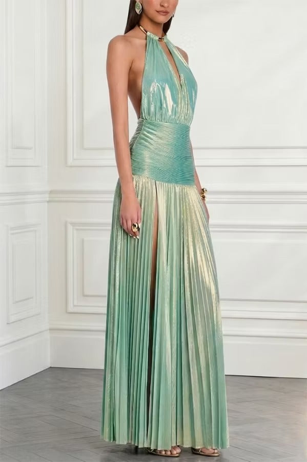 Faelina Metallic Pleated Fabric Metal Rings Halter Backless Slit Maxi Dress