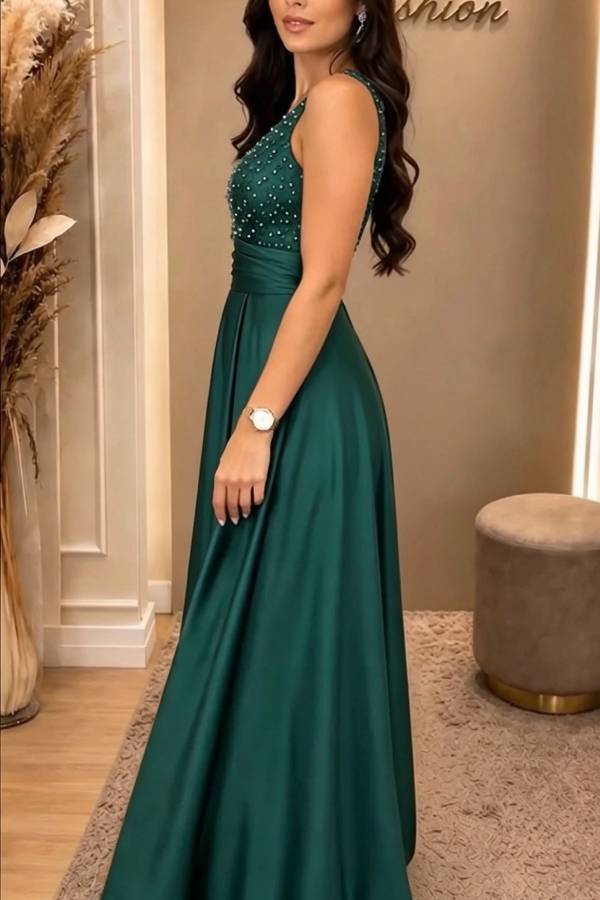Grand Ball Satin Beadwork Details V-neck Pleated Hem Gown Maxi Dress