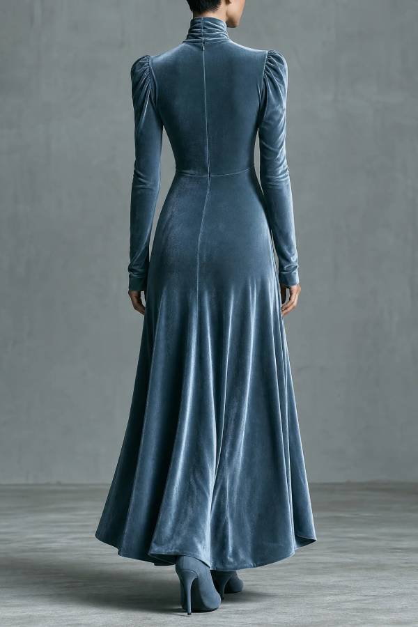 Dusty Blue Velvet Chest Cutout Twist High Neck Maxi Dress