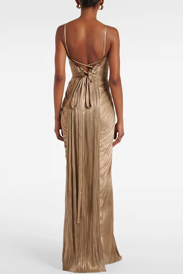 Vegas Queen Metallic Pleated Sculpted Bodice Back Lace-up Drape Maxi Dress