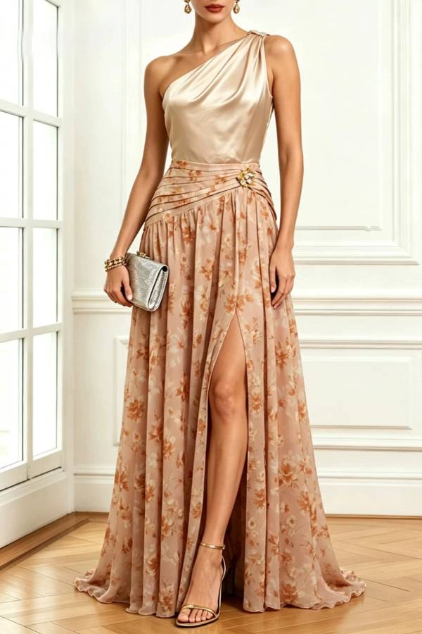 Ayla Satin One Shoulder Metallic Flower Detail Floral Tulle Hem Slit Maxi Dress
