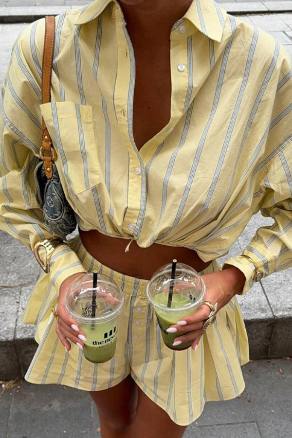 Yellow & Blue Striped Cropped Shirt + High-Waisted A-Line Skirt Set