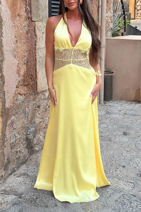 Halter Deep V Lace-Trim Satin Evening Gown