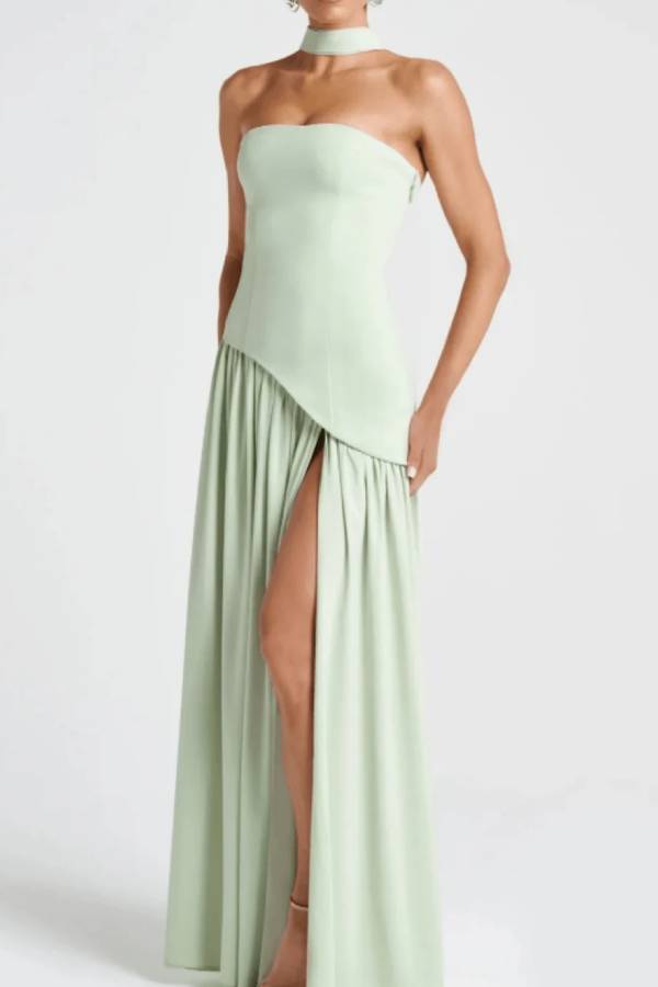 Strapless Slit Ribbon Maxi Dress