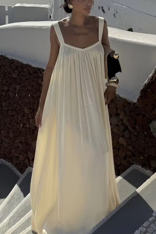 Pearlescent Luster Satin Wide Strap Open Back Loose Maxi Dress