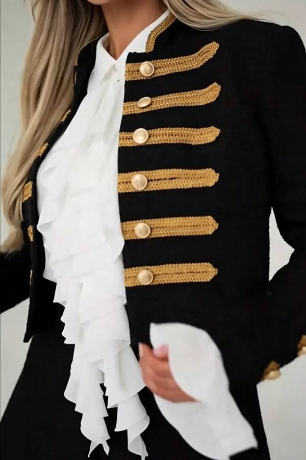 Theatrical Gold-woven Trim Metal Buttons Long Sleeve Crop Jacket