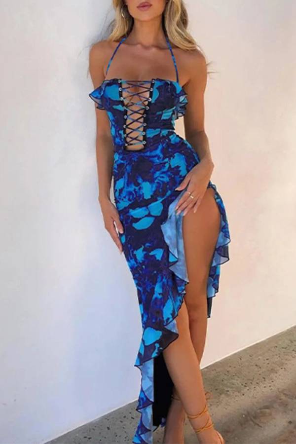 Printed tie-waist one-shoulder high slit ruffle maxi dress