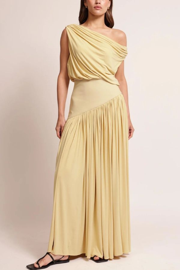 Gwen Soft Knit Fabric Off Shoulder Ruched Detail Drape Maxi Dress