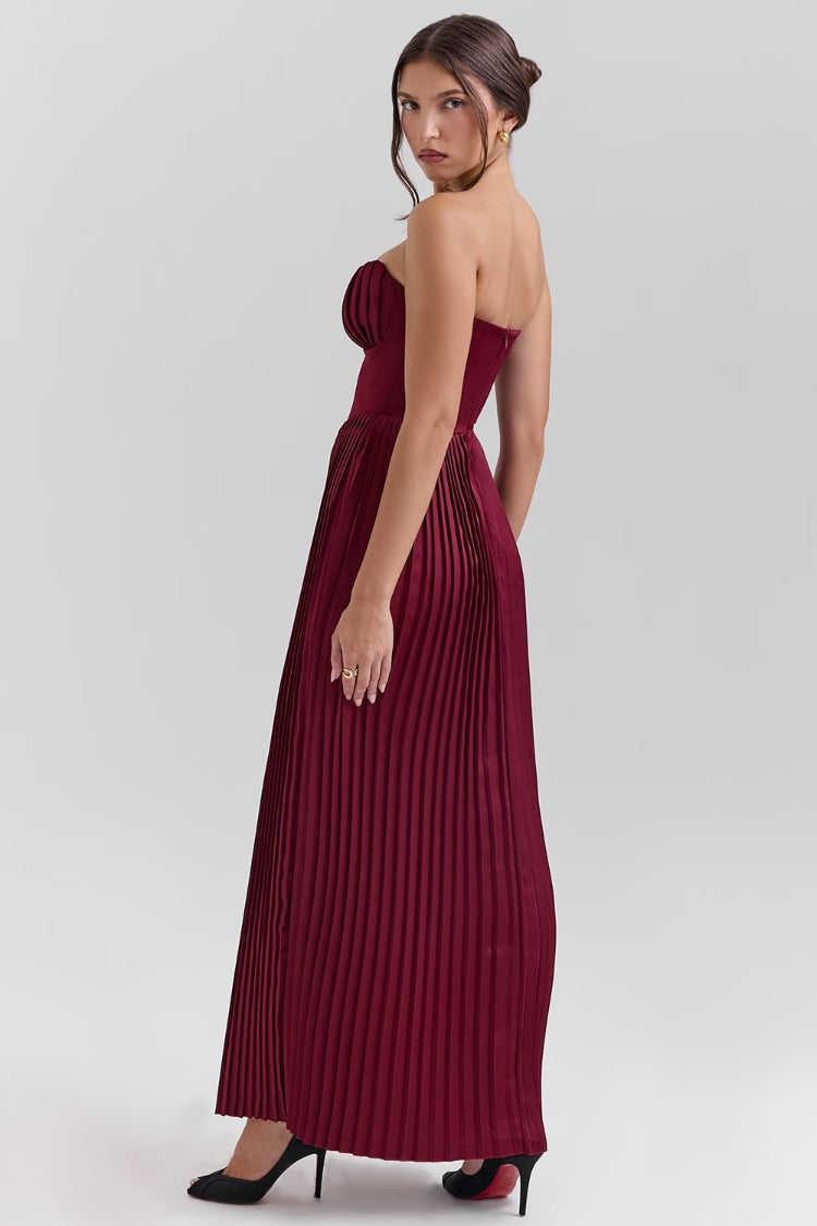 Strapless Cinch Waist Pleated Maxi Dresses