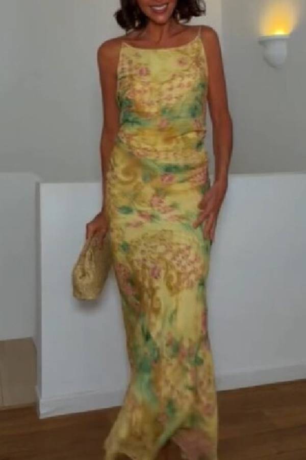 Watercolor Print Slip Maxi Dress