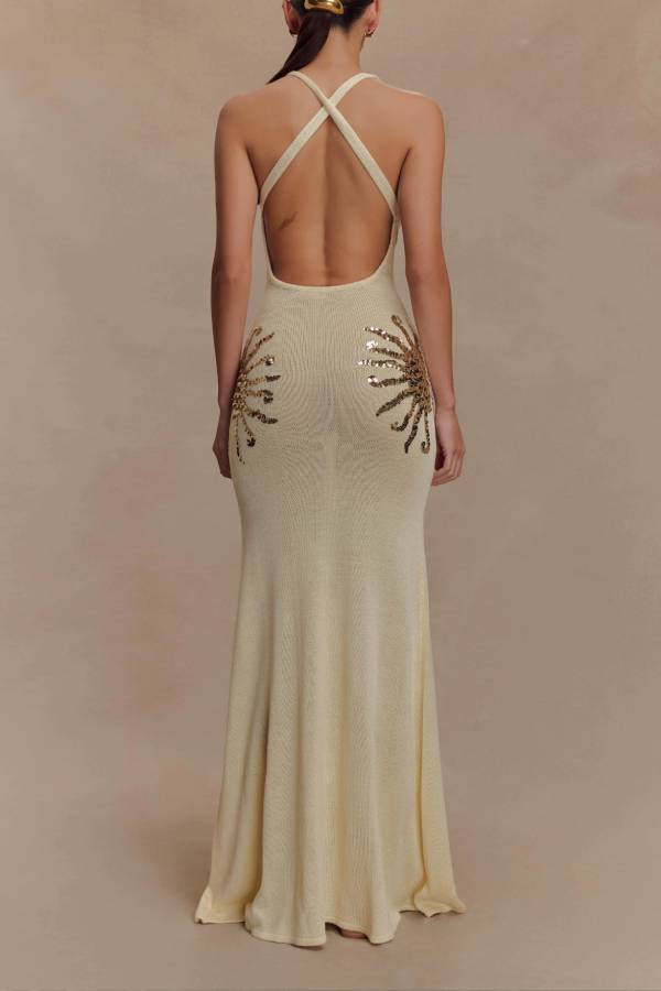Sparkling Nights Knit Sunburst Sequin Detail Back Cross Straps Stretch Maxi Dress