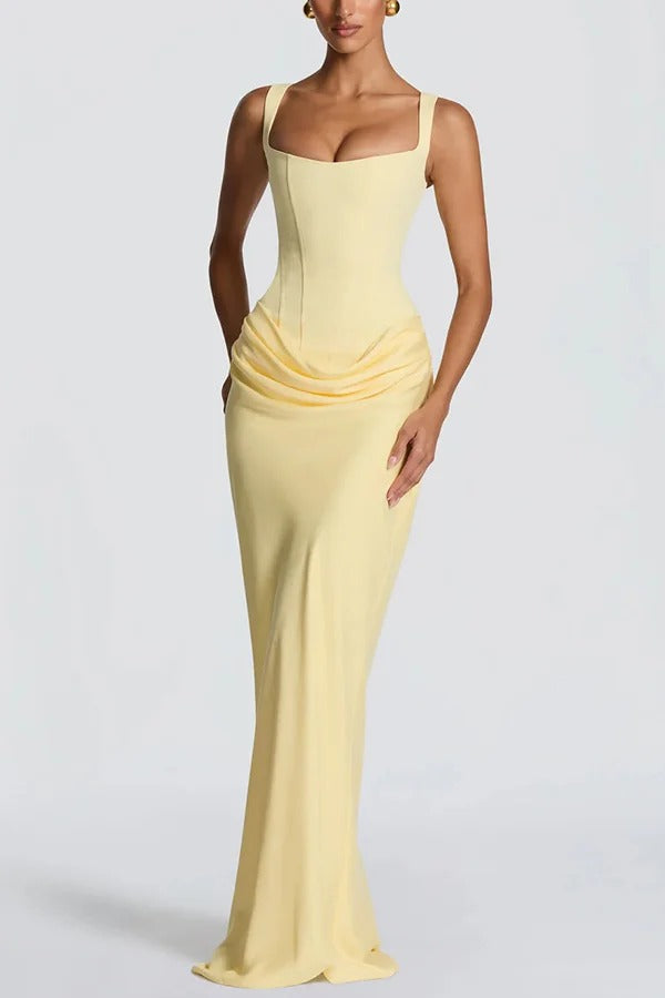 Larrah Square Neck Back Lace-up Satin Drape Hem Maxi Dress