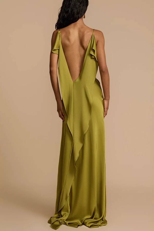Satin Strappy Backless Slit Maxi Dress