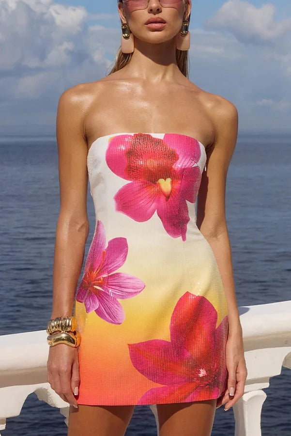 Beach Club Sequin Unique Flowers Print Strapless Stretch Mini Dress