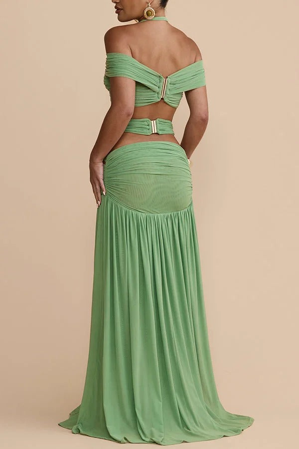 Martina Stretch Mesh Gold Metal Detail Gathered Sweetheart Crop Halter Vacation Tank