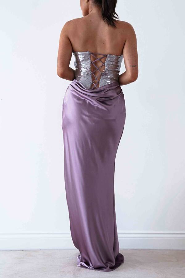 Strapless Sequin Satin Draped Mermaid Long Evening Gown