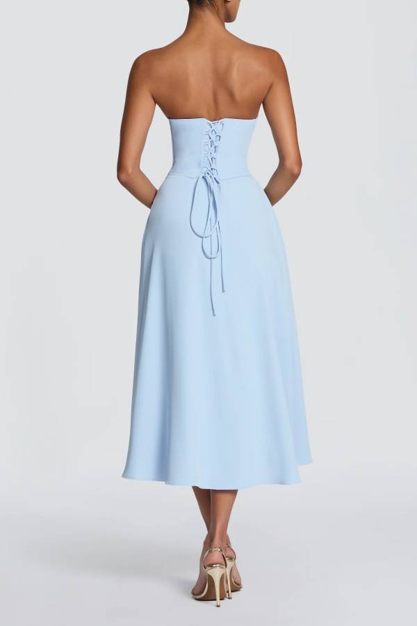 Marlowe Pleated Cowl Neck Strapless Back Lace-up Midi Dress