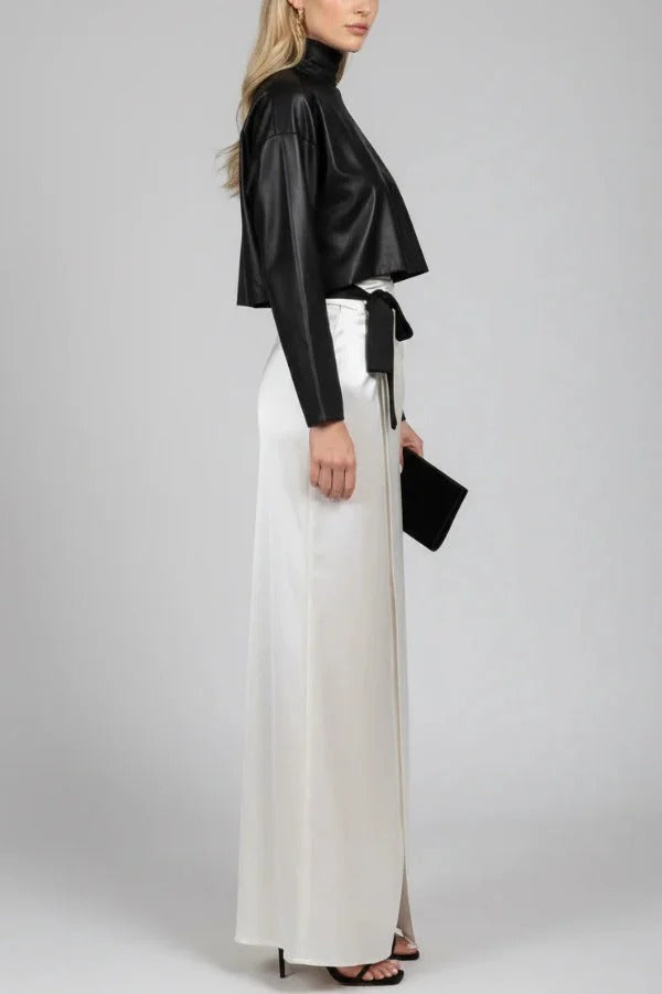 Elegant High-neck Long-sleeved Loose Top and Cross-strap High-slit Maxi Skirt Set