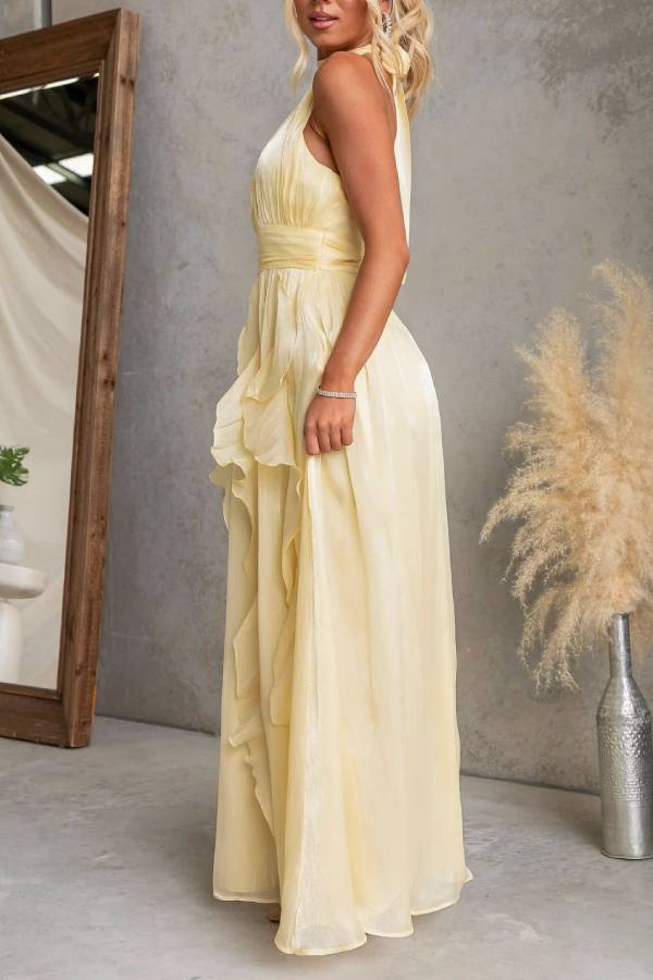 Shimmer Chiffon Halter Ruffle Bridesmaid Maxi Dress