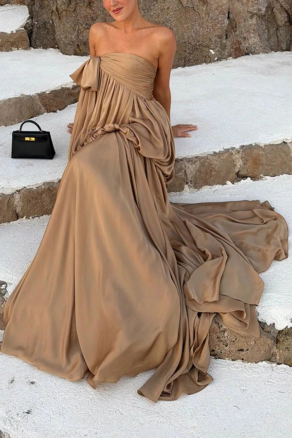 Shimmer Rhythm Satin Tie-up Bust Puff Hem Strapless Drape Maxi Dress