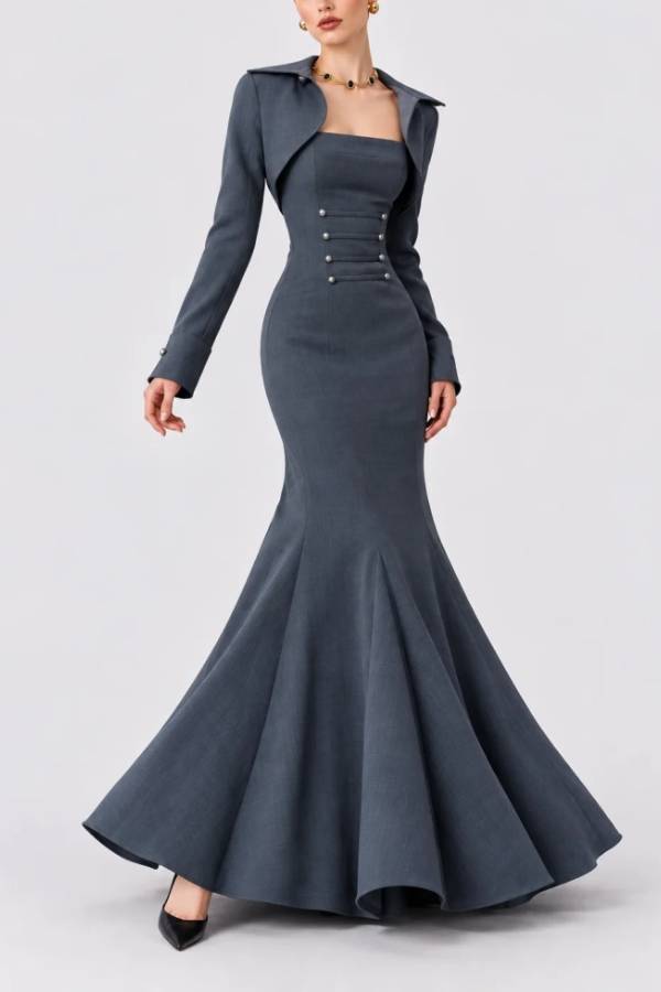 Charcoal Grey Cropped Bolero Jacket and Mermaid Maxi Dress Two Piece Set
