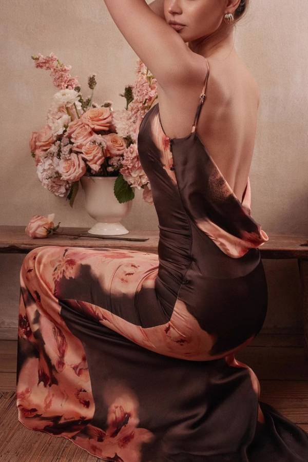 Spaghetti Strap Open Back Floral Print Satin Fishtail Train Evening Dress