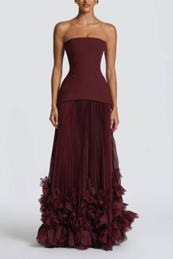 Serafina Strapless Back Lace-up Handcrafted Floral Appliqués Pleated Hem Gown Maxi Dress
