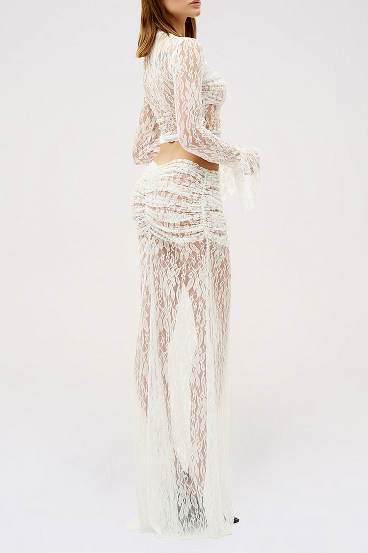 Long Sleeve Tie Up Crop Top Jacquard Lace Maxi Skirt Set
