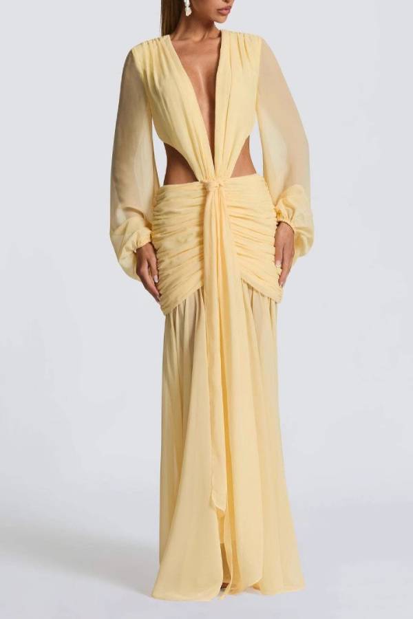 Deep V Lantern Sleeve Chiffon Cutout Maxi Evening Dress