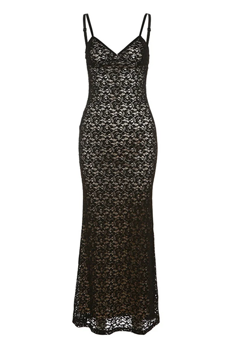Robe longue moulante en dentelle guipure à col en V pour fête d'anniversaire - Noir