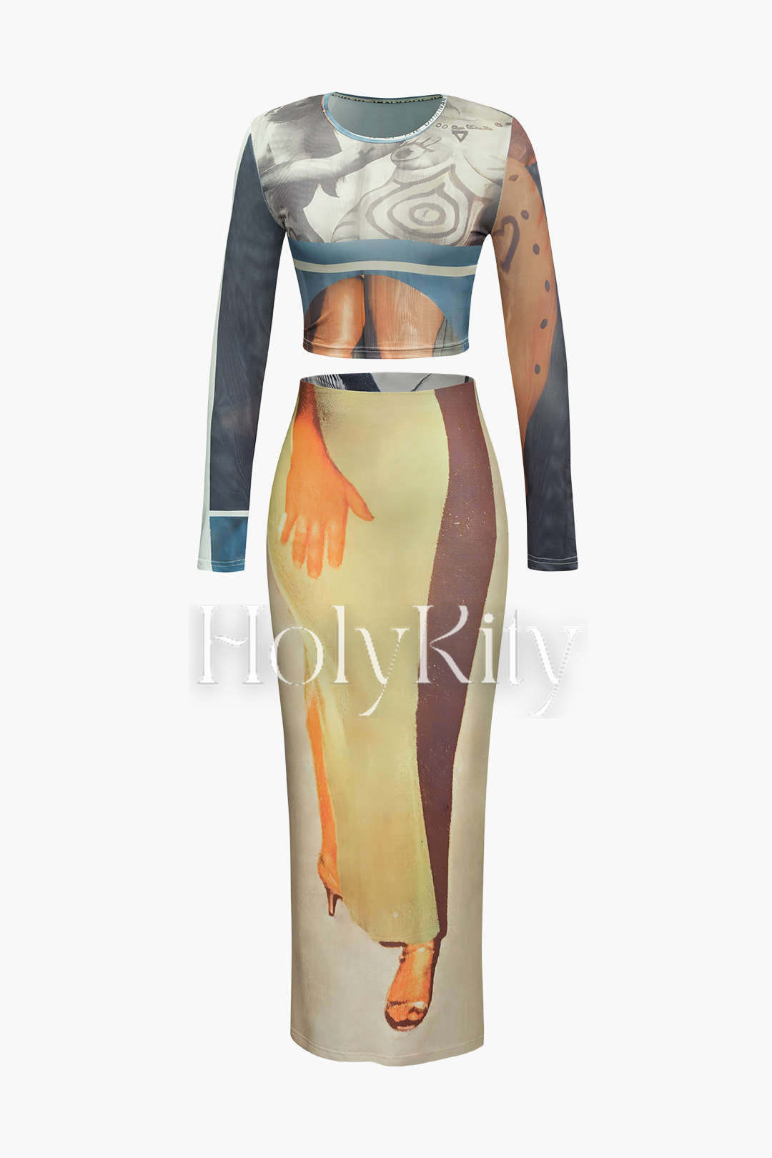 Body Print Long Sleeve Top and Maxi Skirt Set