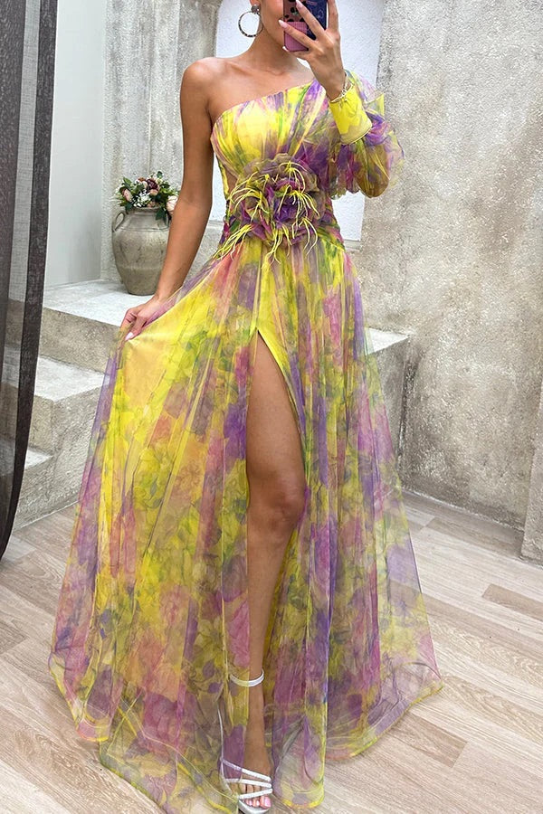 Floral Decor Chiffon Print One Shoulder Evening Gown Maxi Dresses