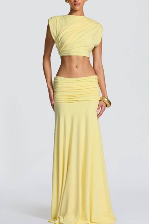 Wrap-around Crop Top + High-Waisted Pleated Skirt Set