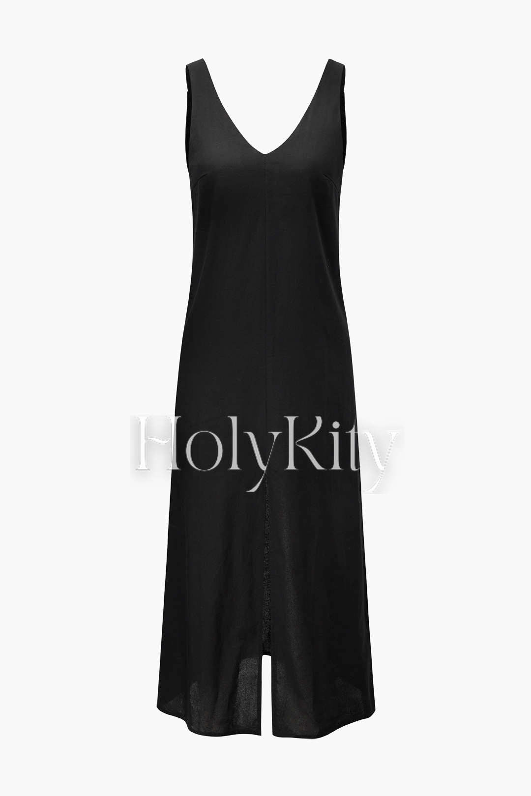 Robe longue sans manches à col en V et fente sur le devant