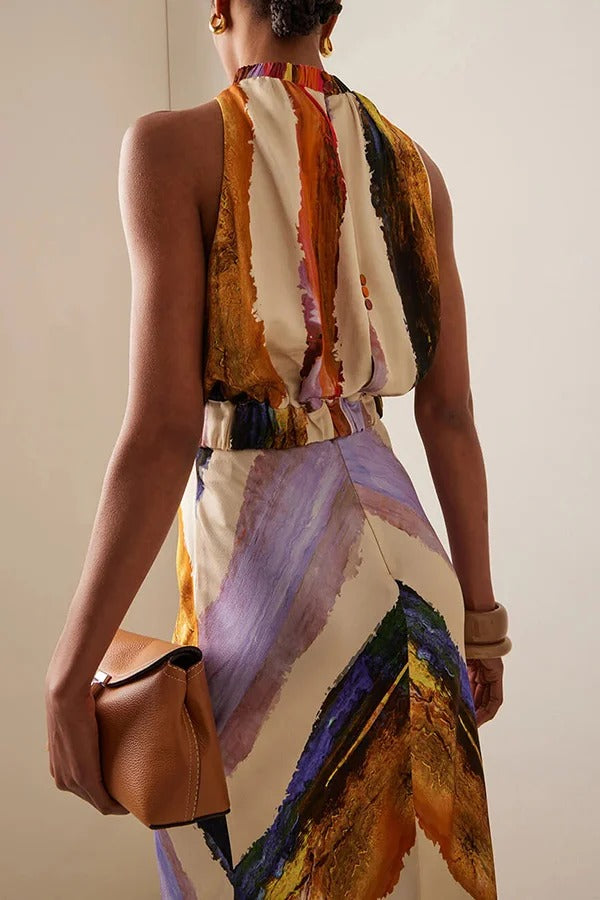 Unique Print Sleeveless Stretch Stand Collar Top and Elegant Maxi Skirt Set
