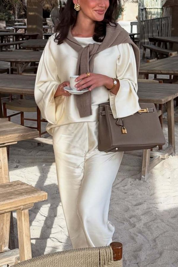 Silky and Elegant Satin Wide Neck Long Sleeve Loose Top and Elastic Waist Wide Leg Pants Set