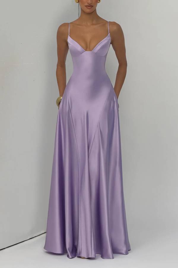 Asterin Satin V-neck Back Lace-up Slip Flare Maxi Dress