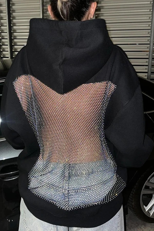 Fashionable Shiny Mesh Hollow Back Loose Long-sleeved Hooded Sweatshirt