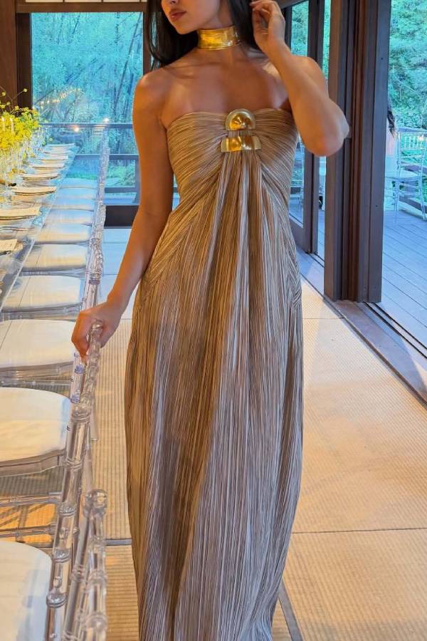 Egyptian-Inspired Metal-Accented Pleated Strapless Gown