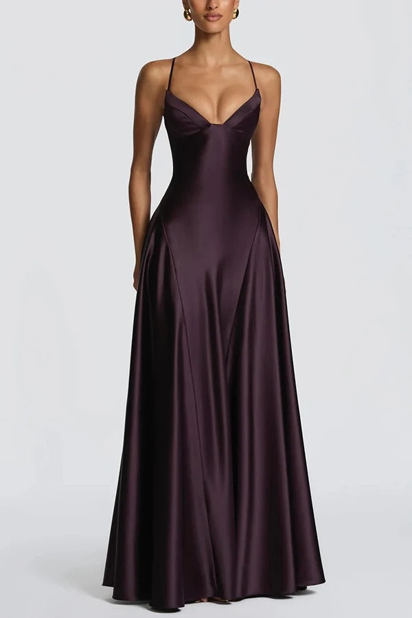 Asterin Satin V-neck Back Lace-up Slip Flare Maxi Dress
