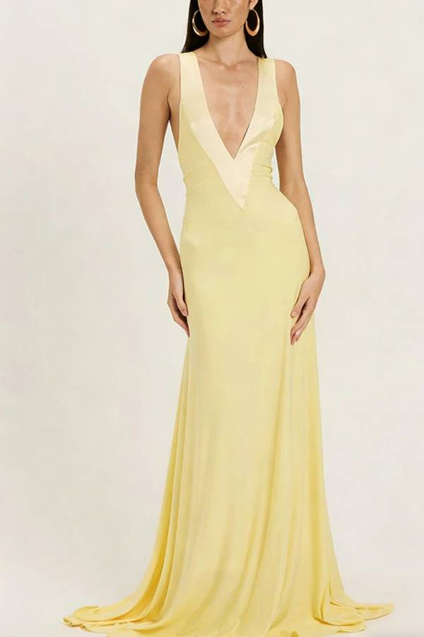 Moon Light Satin V-neck Draping Knit Fabric Backless Maxi Dress