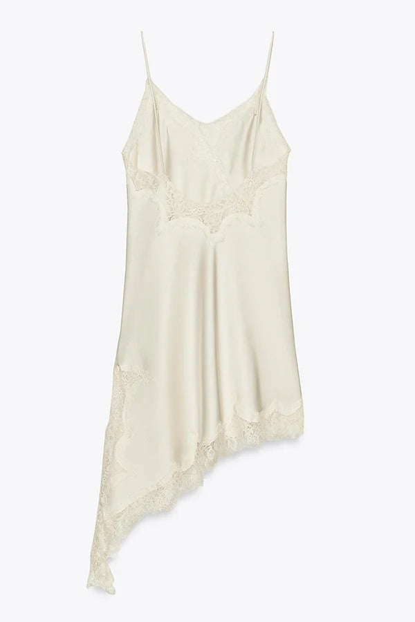 Satin Lace Trim V-neck Asymmetrical Hem Slip Mini Dress