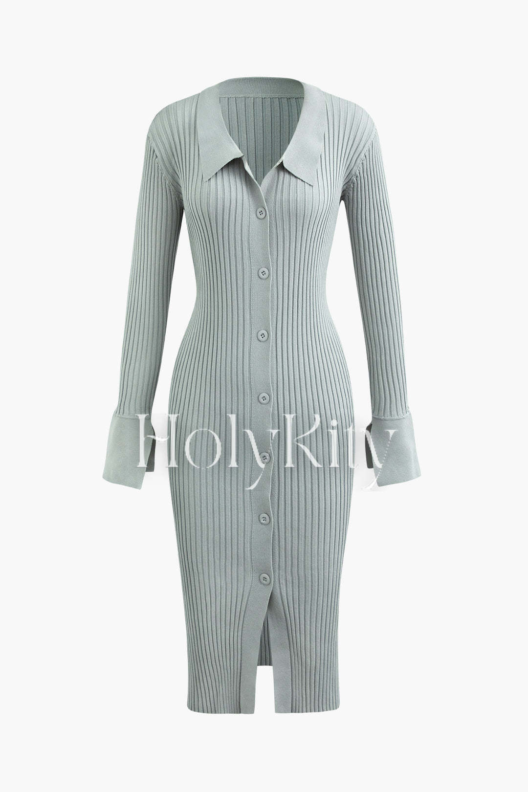 Midikleid aus Rippstrick mit Kragen und Knopfleiste