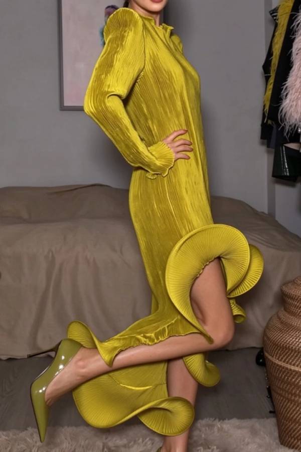 Long Sleeve Pleated High Low Dress with Sculptural Ruffle Hem