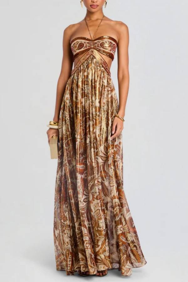 Paisley Print Halter Cutout Metallic Evening Maxi Dress