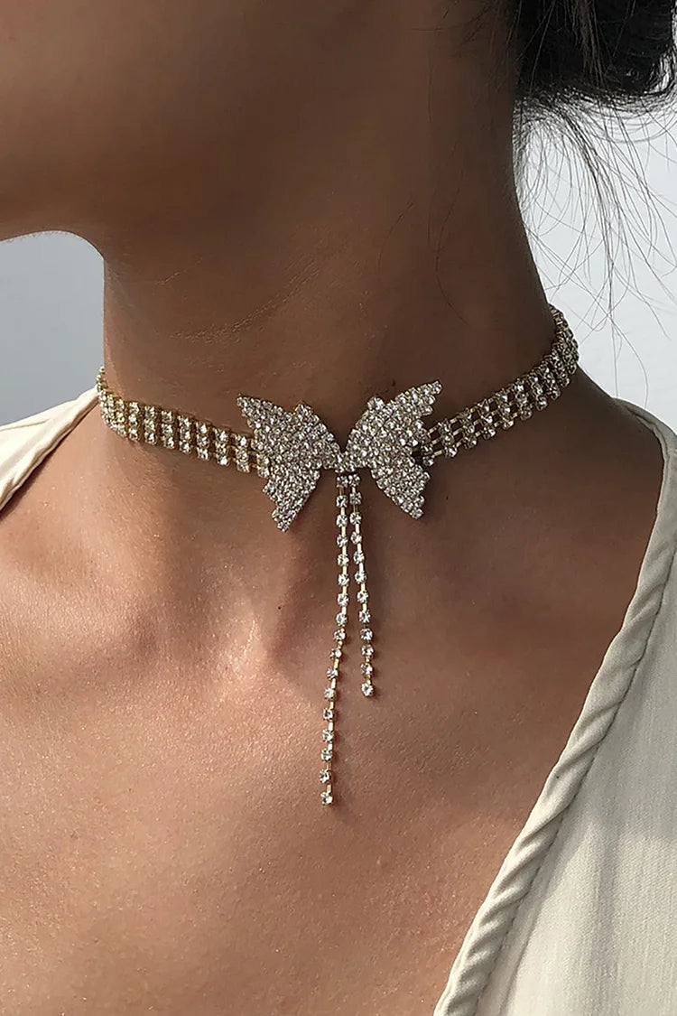 Rhinestone Butterfly Chain Tassel Alloy Necklace